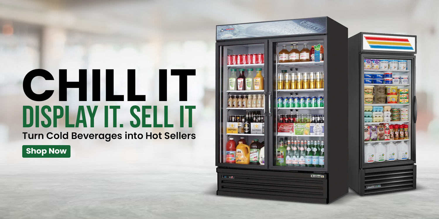 Glass door beverage coolers filled with drinks and dairy products, ideal for stores and cafés looking to chill and showcase beverages and perishables